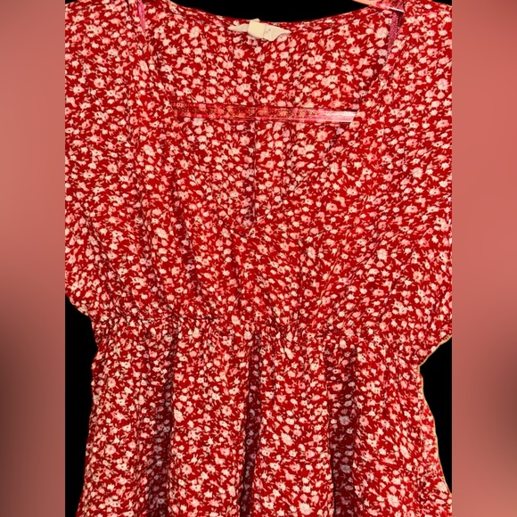 Red and white floral smocked ruffle sleeve women’s short sleeve blouse top boho - Picture 3 of 6